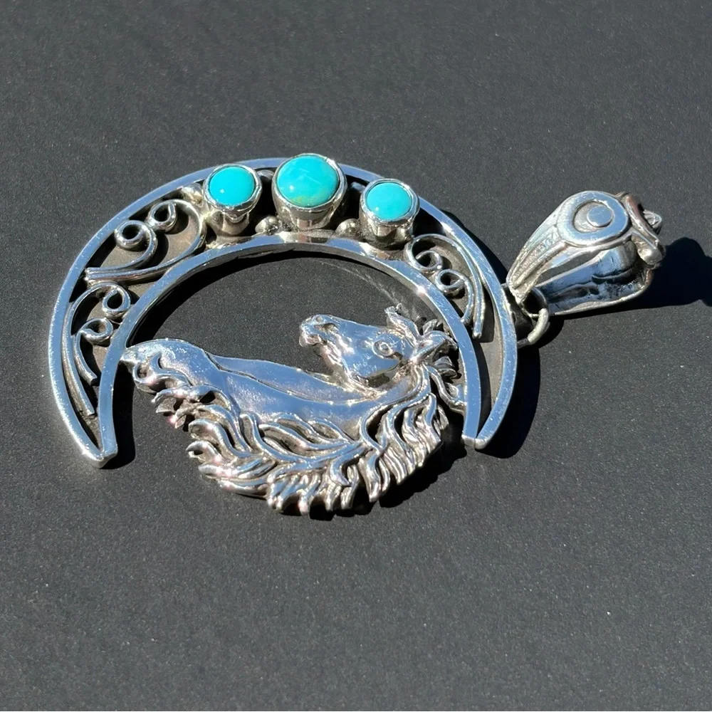 Jennifer Cayaditto Signed Sterling Silver Triple Turquoise Moon & Horse Pendant